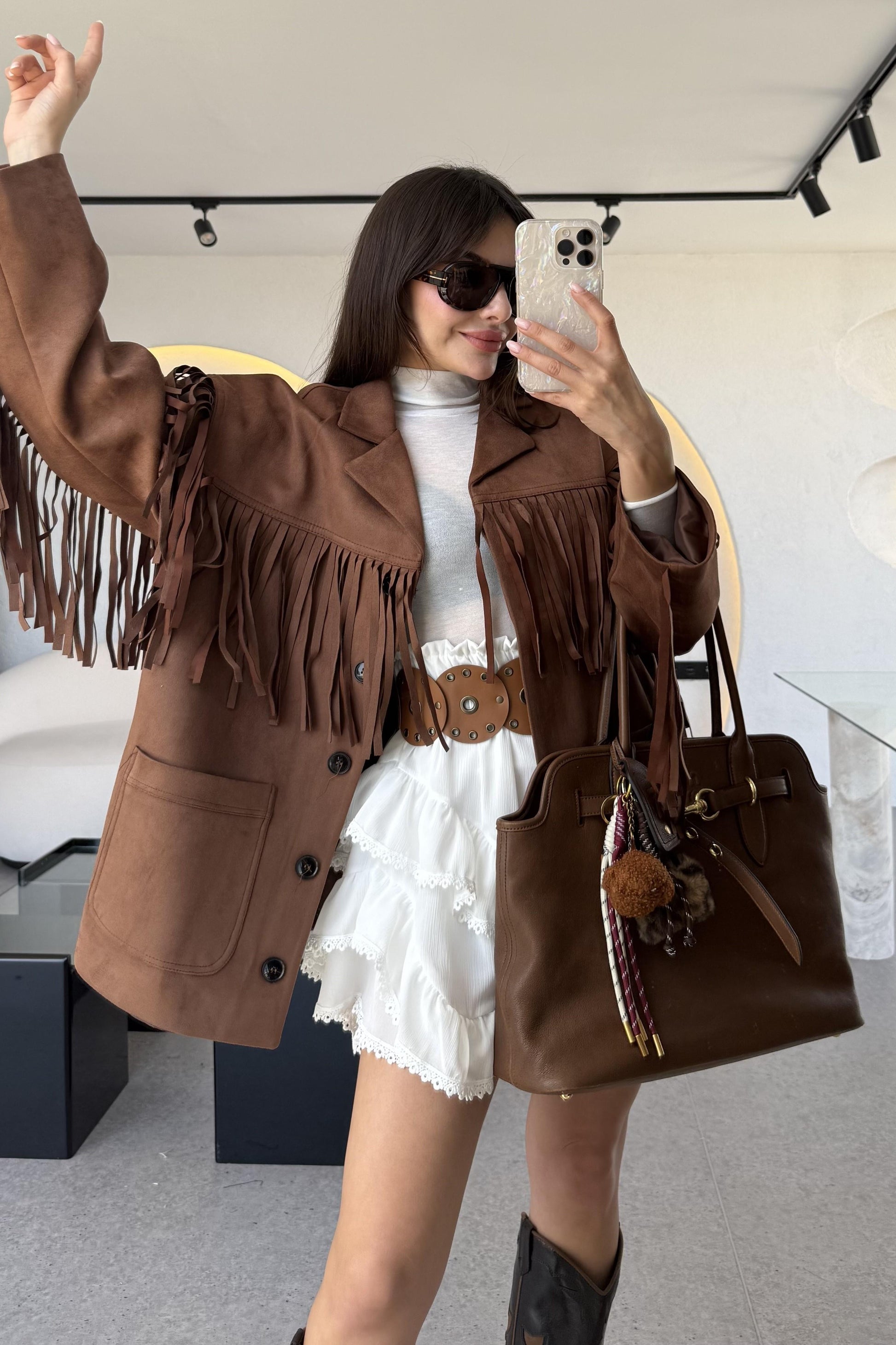 Nixie Kahve Vintage Püsküllü Süet Ceket