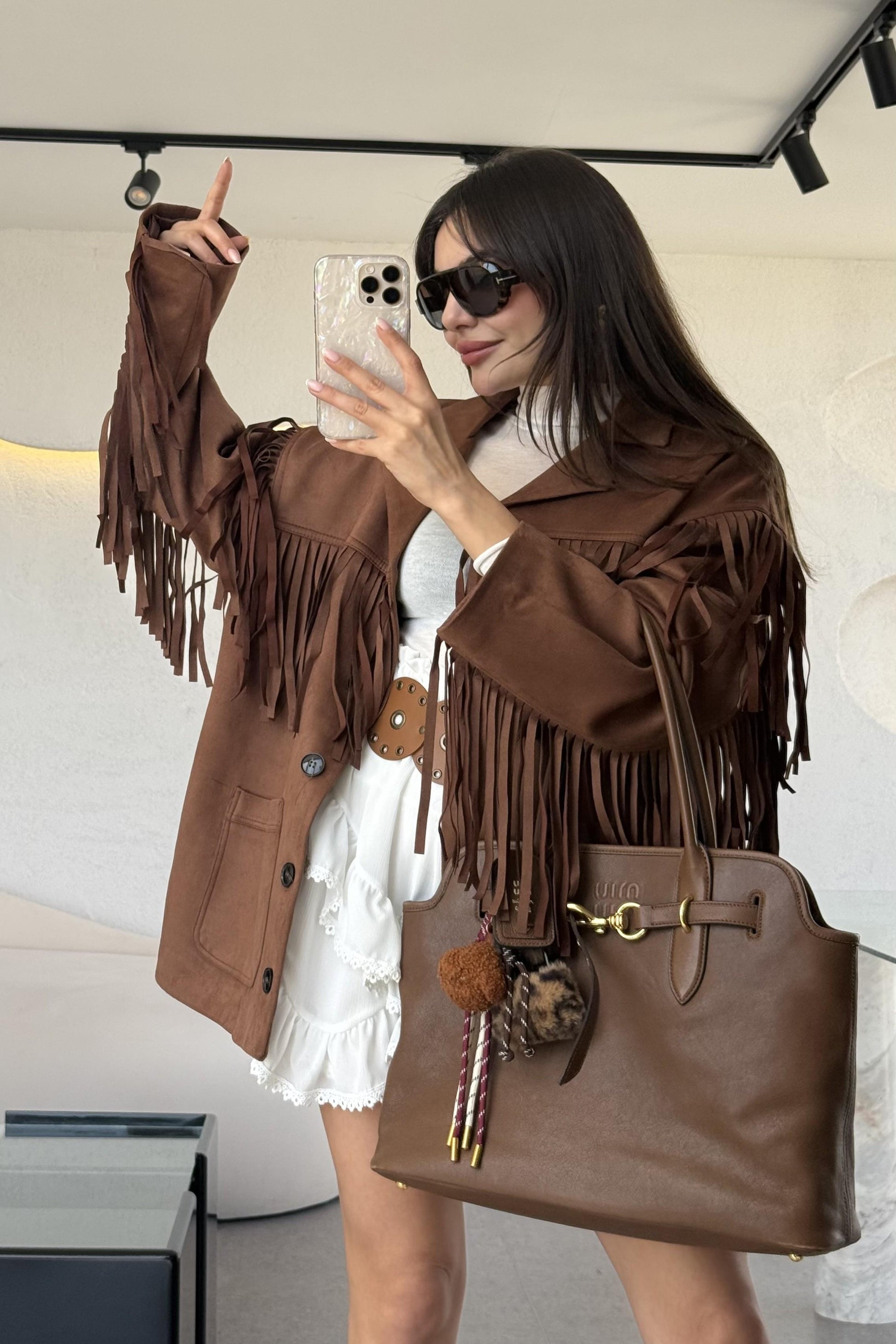 Nixie Kahve Vintage Püsküllü Süet Ceket