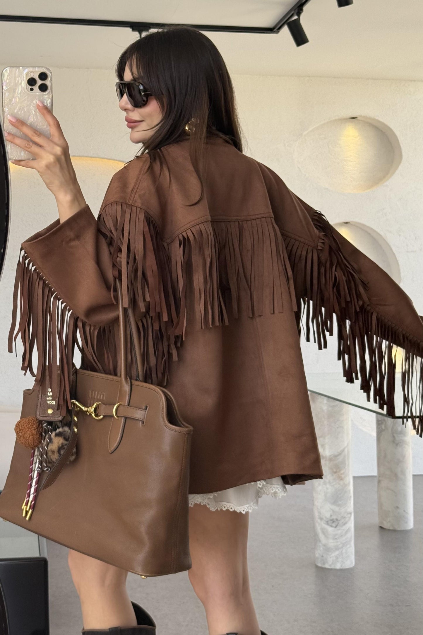 Nixie Kahve Vintage Püsküllü Süet Ceket