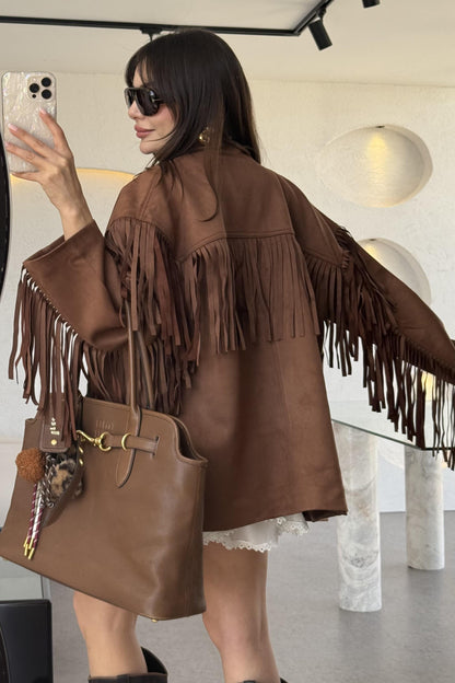 Nixie Kahve Vintage Püsküllü Süet Ceket