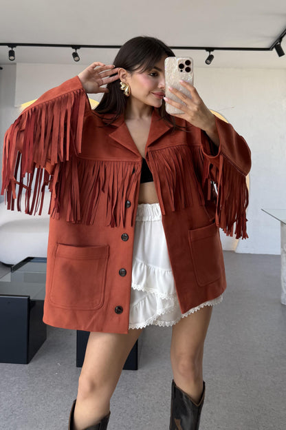 Nixie Kiremit Vintage Püsküllü Süet Ceket