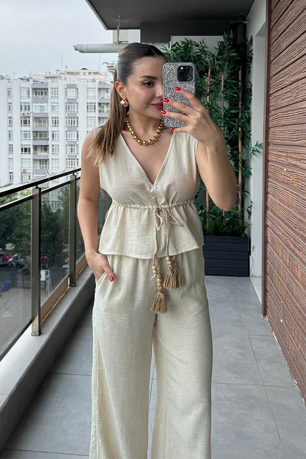 Noah Püskül Detaylı Keten Takım - Krem