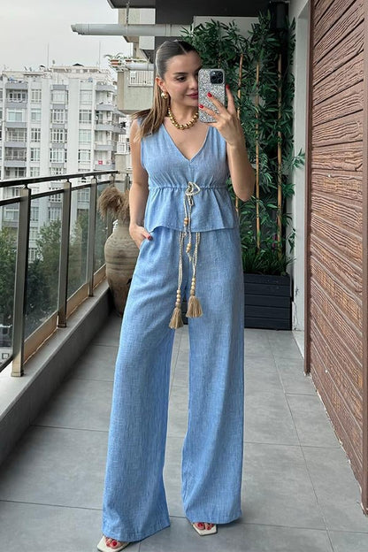 Noah Püskül Detaylı Keten Takım - Mavi