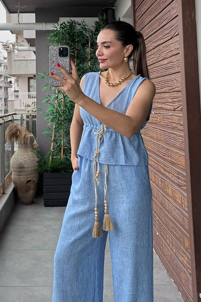 Noah Püskül Detaylı Keten Takım - Mavi