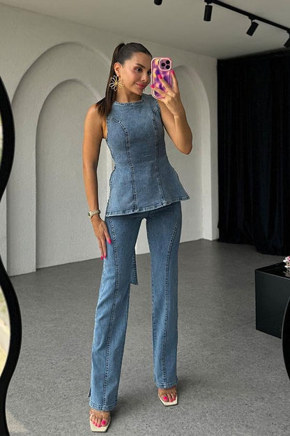 Noelle Bağlama Detaylı Denim Takım-Lightblue