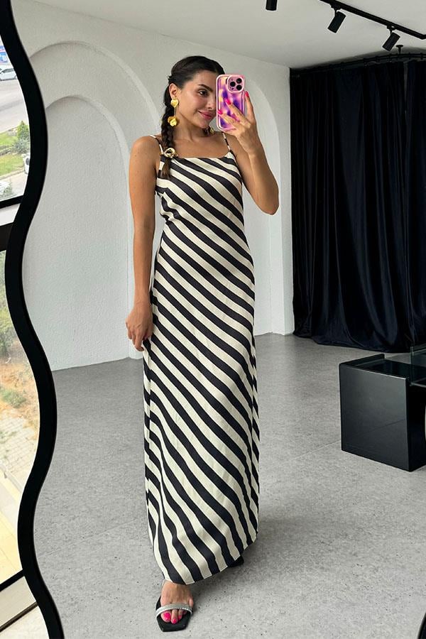 Nolan Orijinal Çizgili Saten Elbise