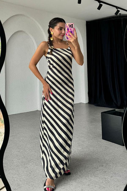 Nolan Orijinal Çizgili Saten Elbise