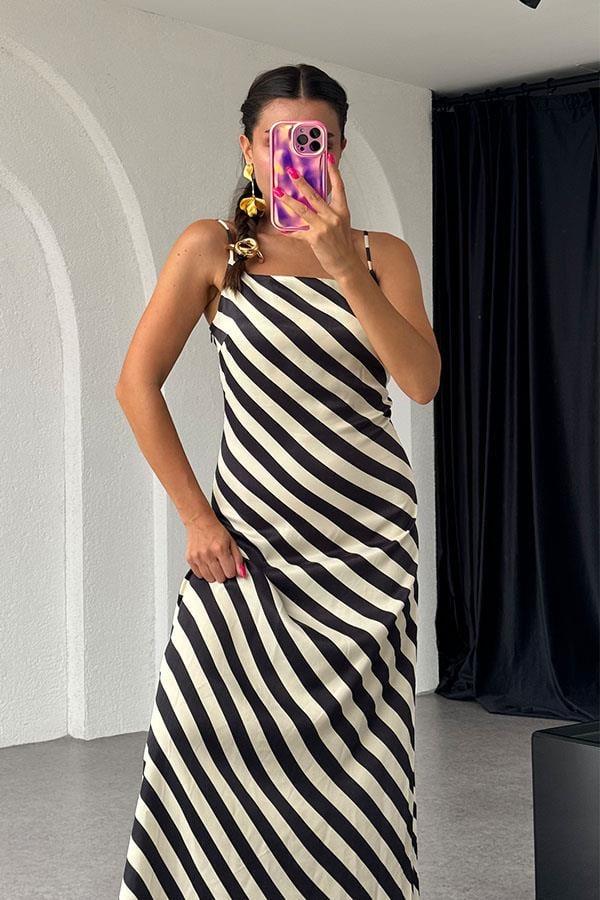 Nolan Orijinal Çizgili Saten Elbise