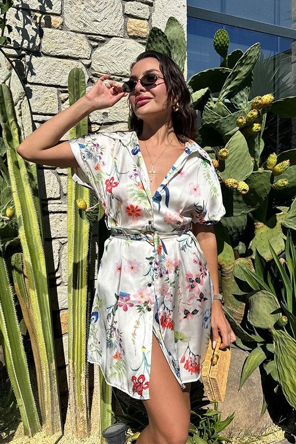 Nomi Çiçekli Kuşaklı Gömlek Elbise