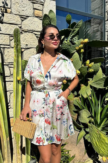 Nomi Çiçekli Kuşaklı Gömlek Elbise