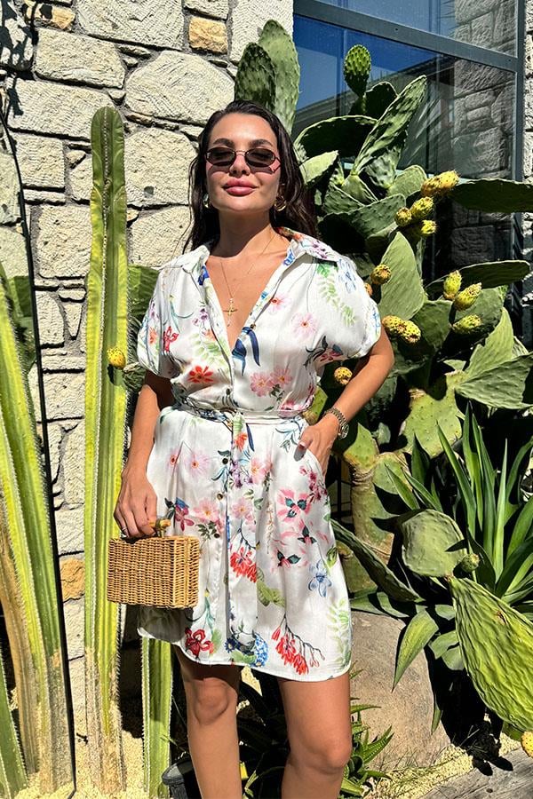 Nomi Çiçekli Kuşaklı Gömlek Elbise