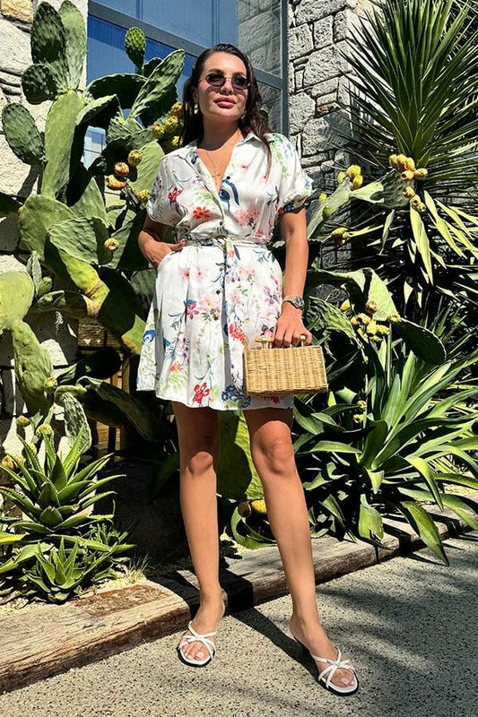 Nomi Çiçekli Kuşaklı Gömlek Elbise