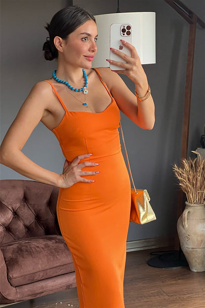 Nora ince askılı turuncu kalem elbise