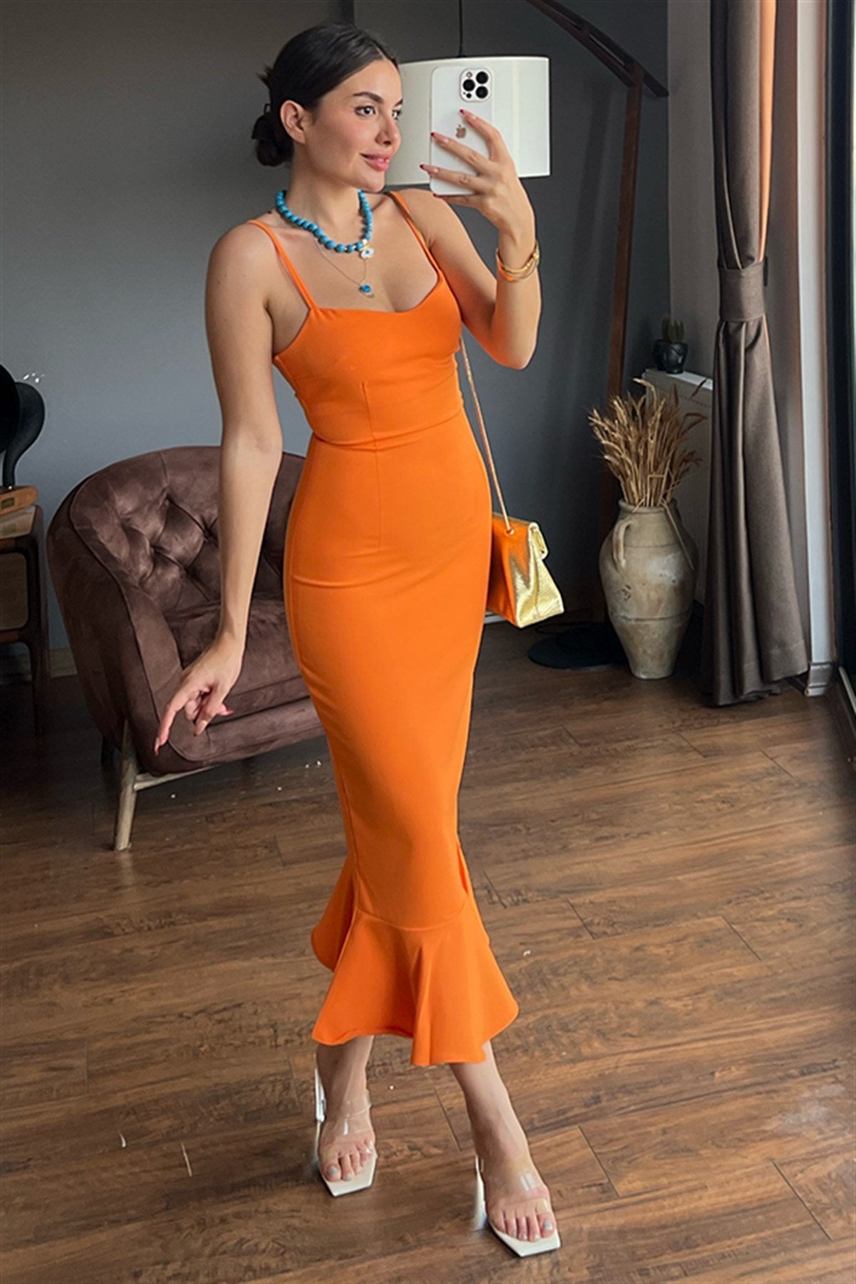 Nora ince askılı turuncu kalem elbise