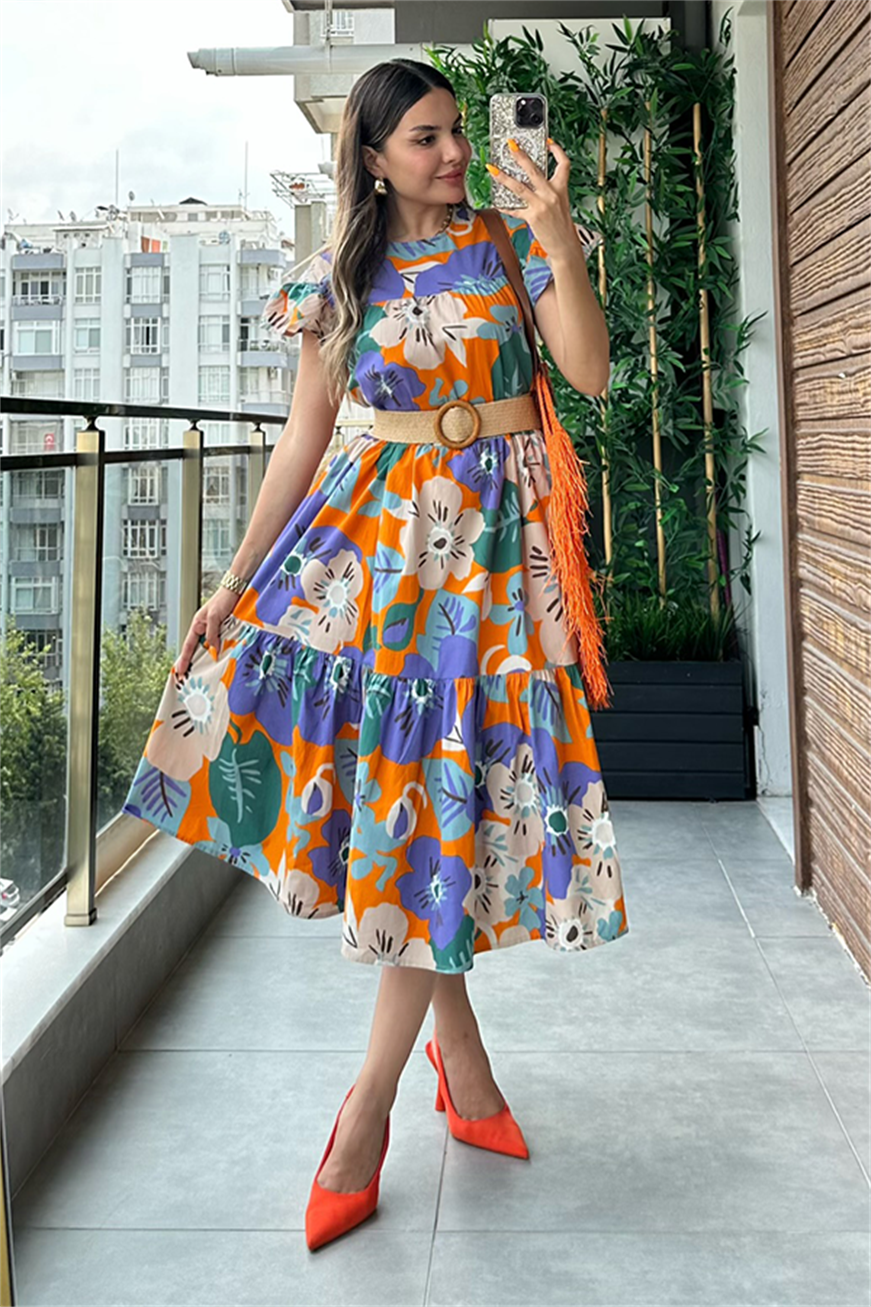 Nora turuncu lila çiçek desen çan elbise