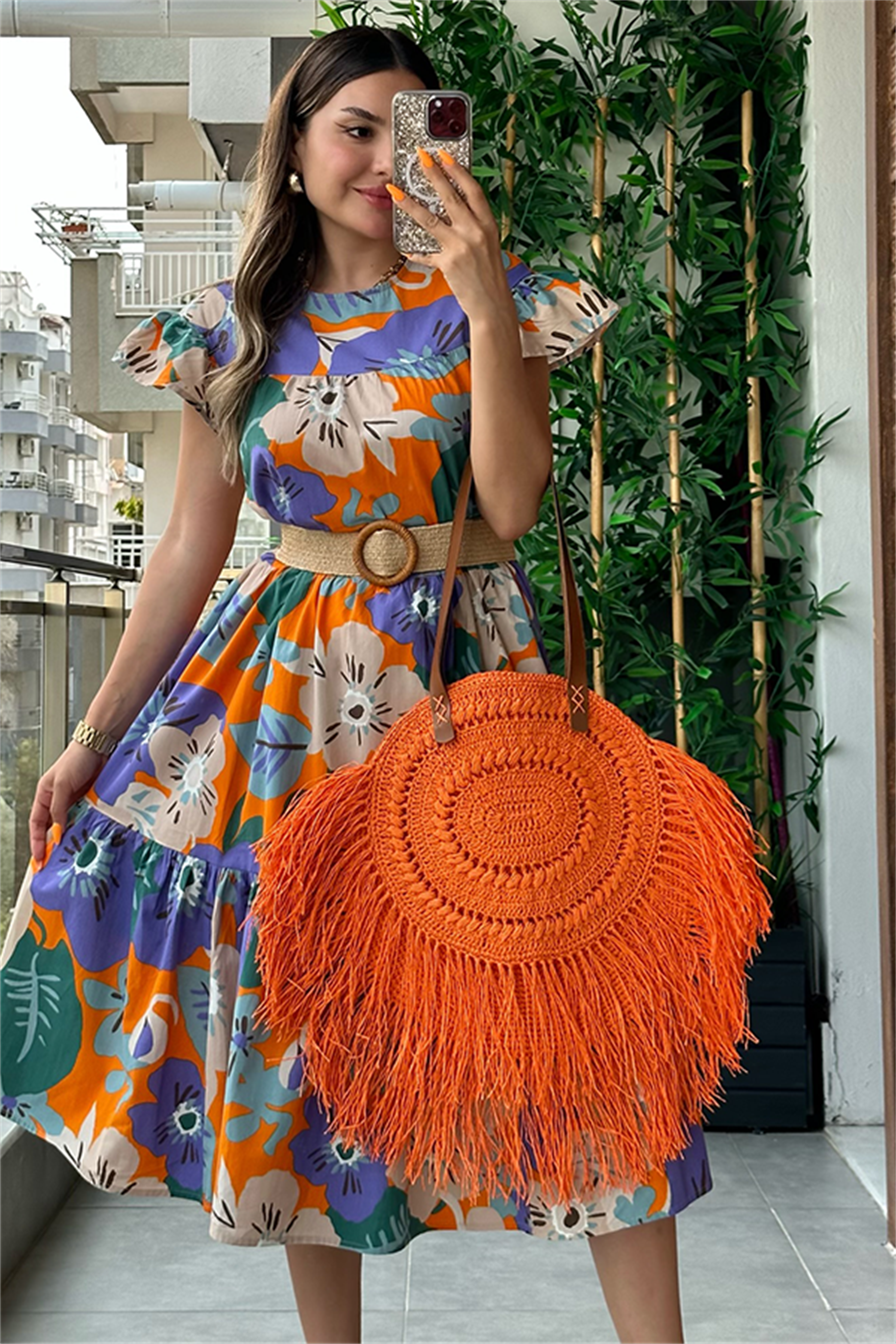 Nora turuncu lila çiçek desen çan elbise