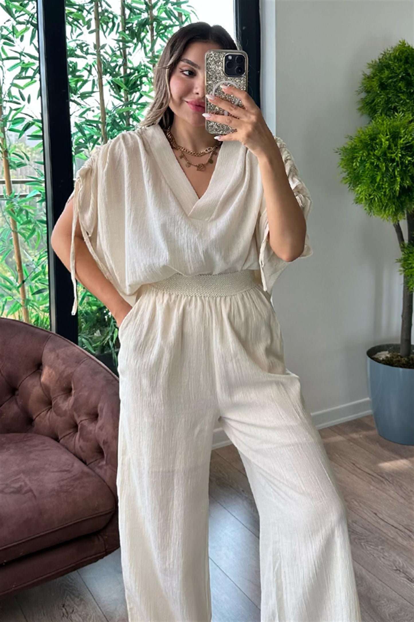 Norah yarasa kol krem ikili takım