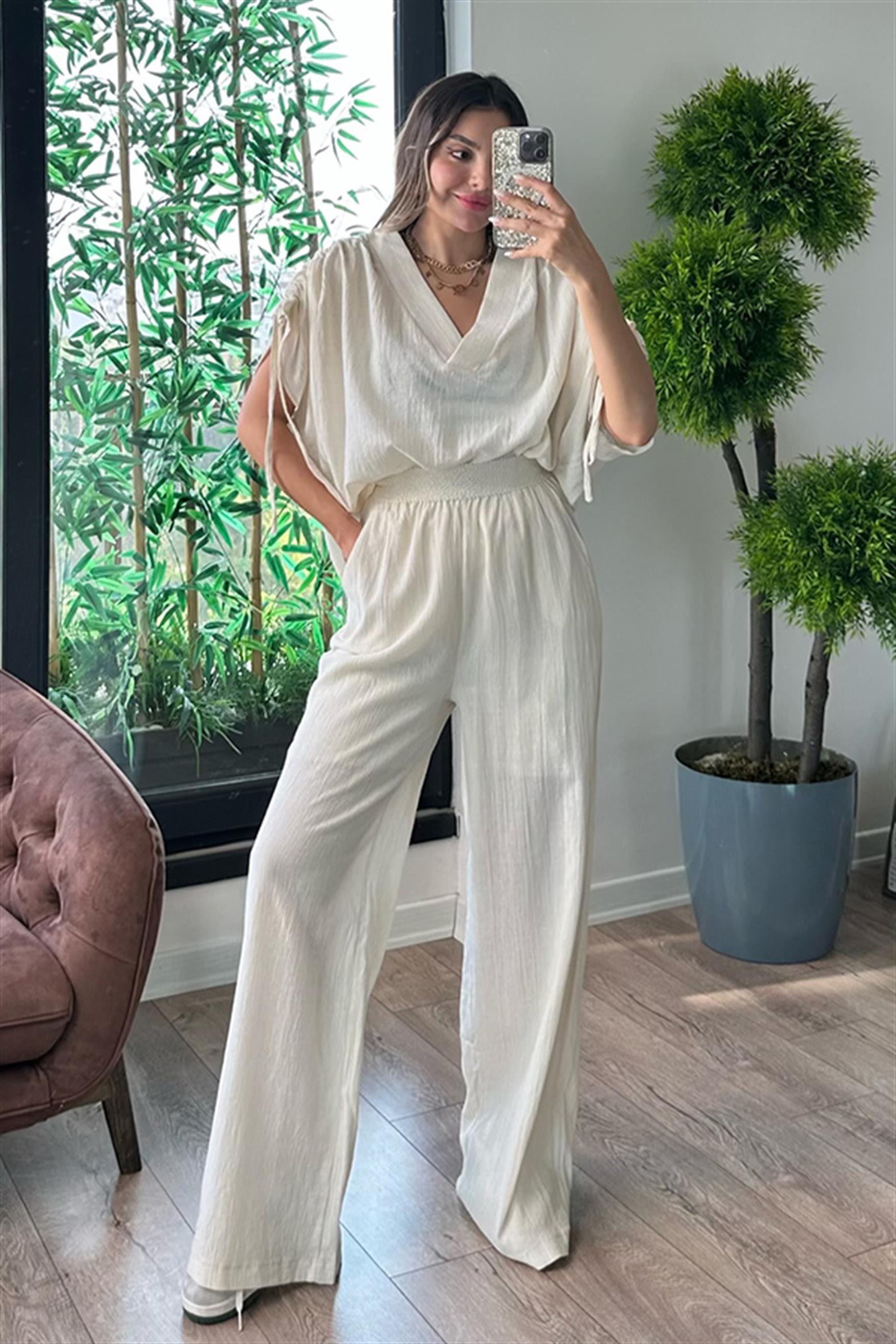 Norah yarasa kol krem ikili takım