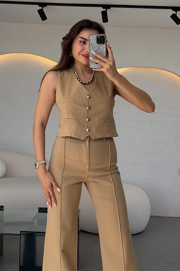 Noris Denim Yelek Pantolon Takım-Sütlü Kahve