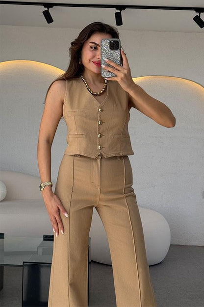 Noris Denim Yelek Pantolon Takım-Sütlü Kahve