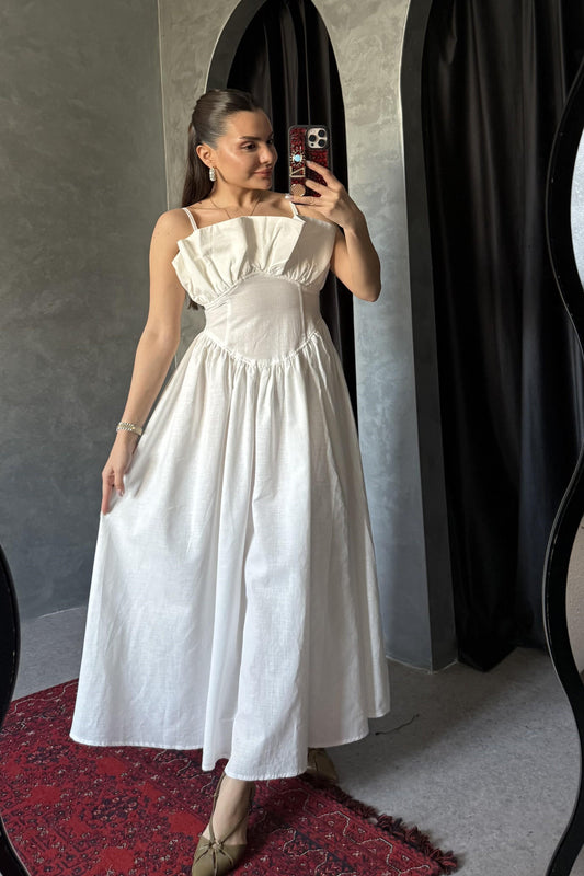 Novella Beyaz Askılı Keten Elbise