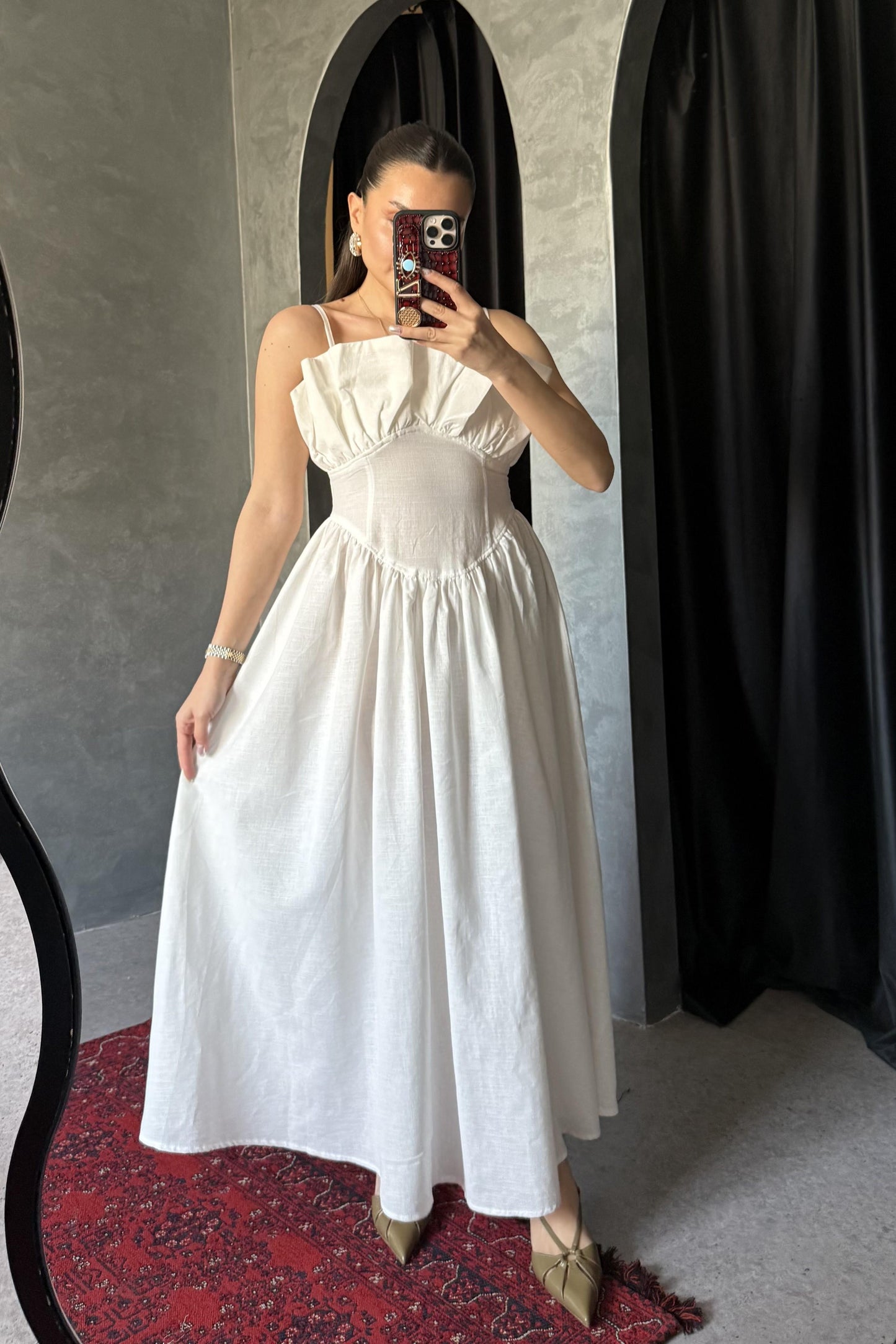 Novella Beyaz Askılı Keten Elbise