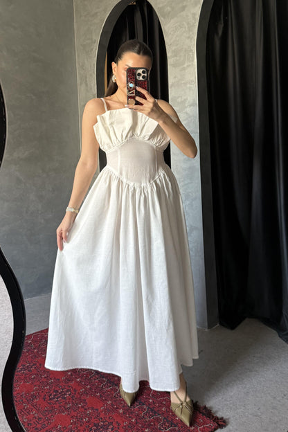 Novella Beyaz Askılı Keten Elbise