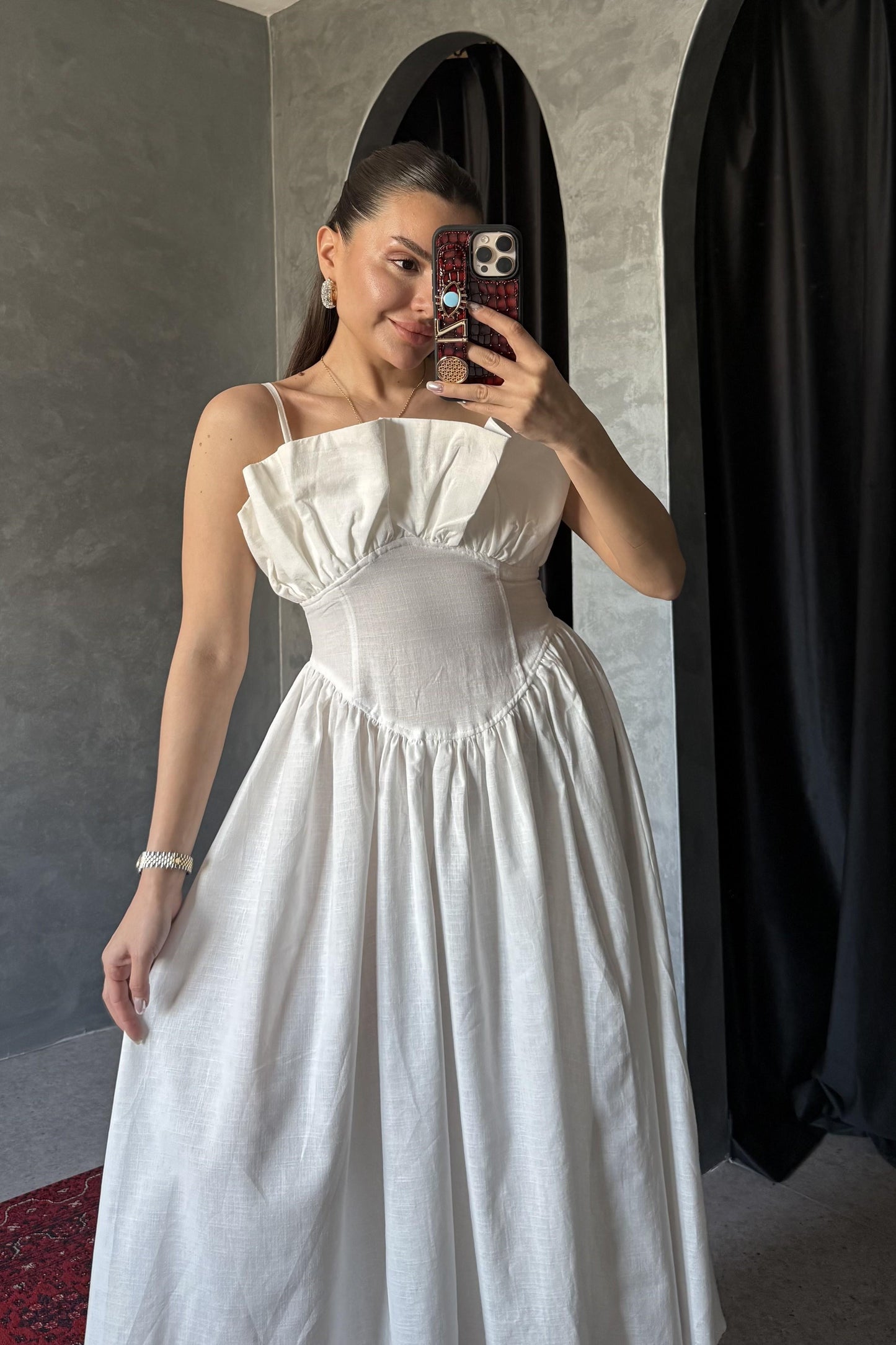 Novella Beyaz Askılı Keten Elbise