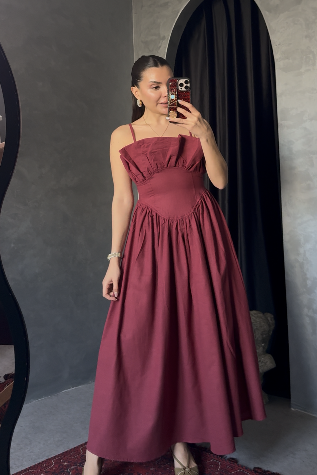 Novella Bordo Askılı Keten Elbise