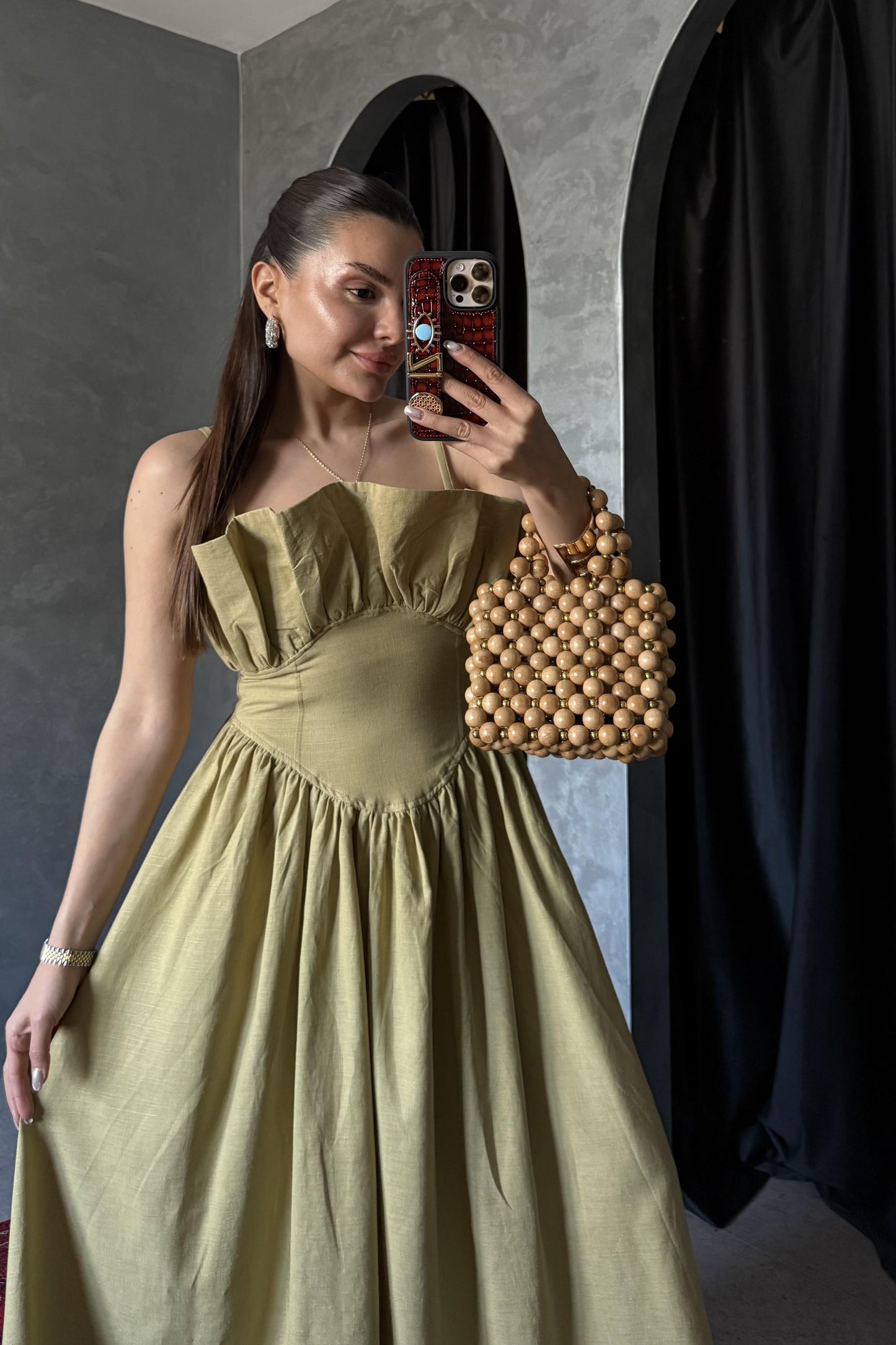 Novella Yağ Yeşili Askılı Keten Elbise