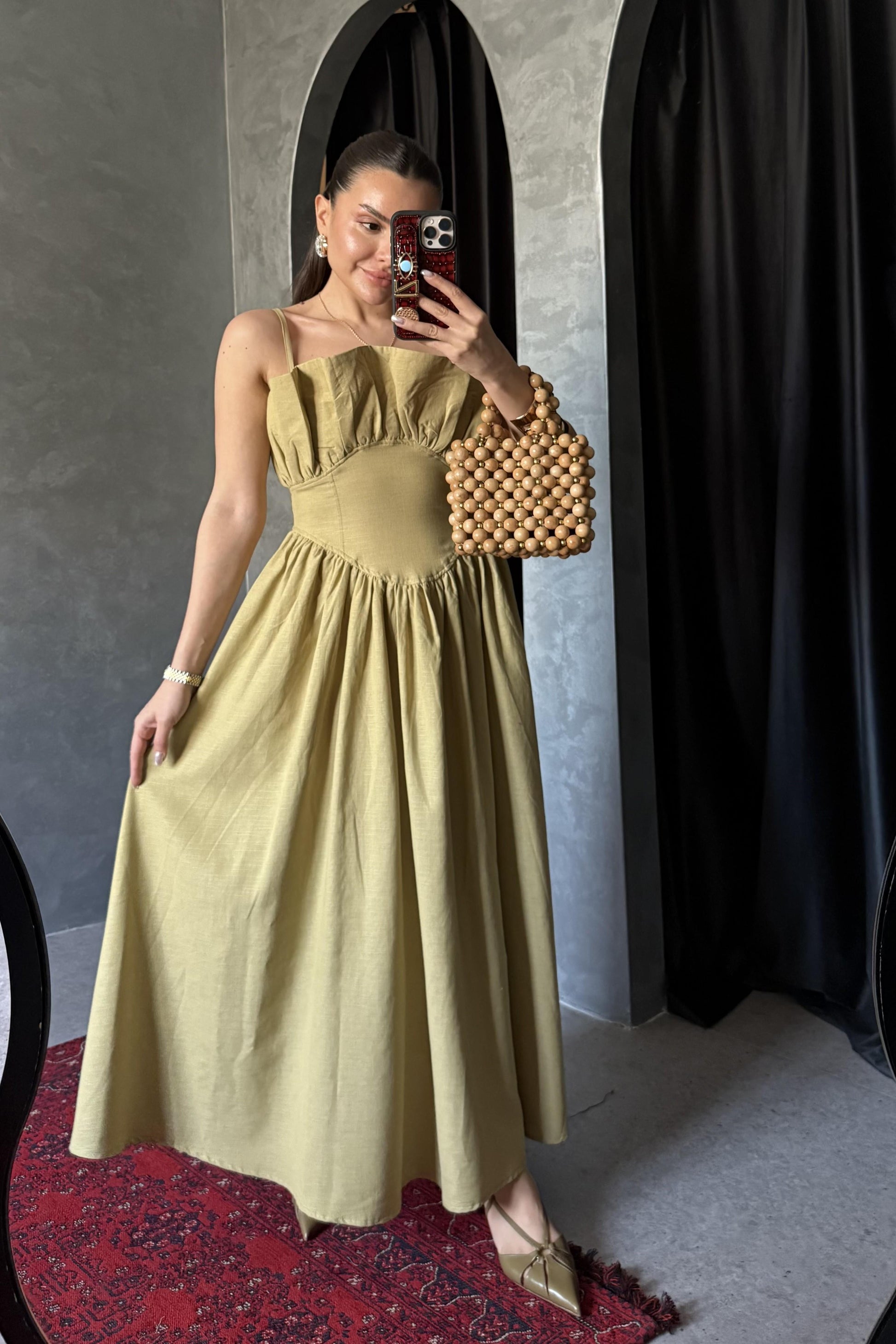 Novella Yağ Yeşili Askılı Keten Elbise