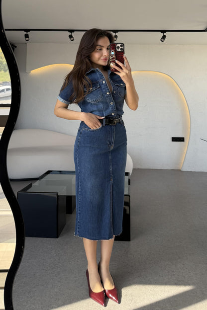 Novia Yarım Kollu Yırtmaçlı Denim Elbise