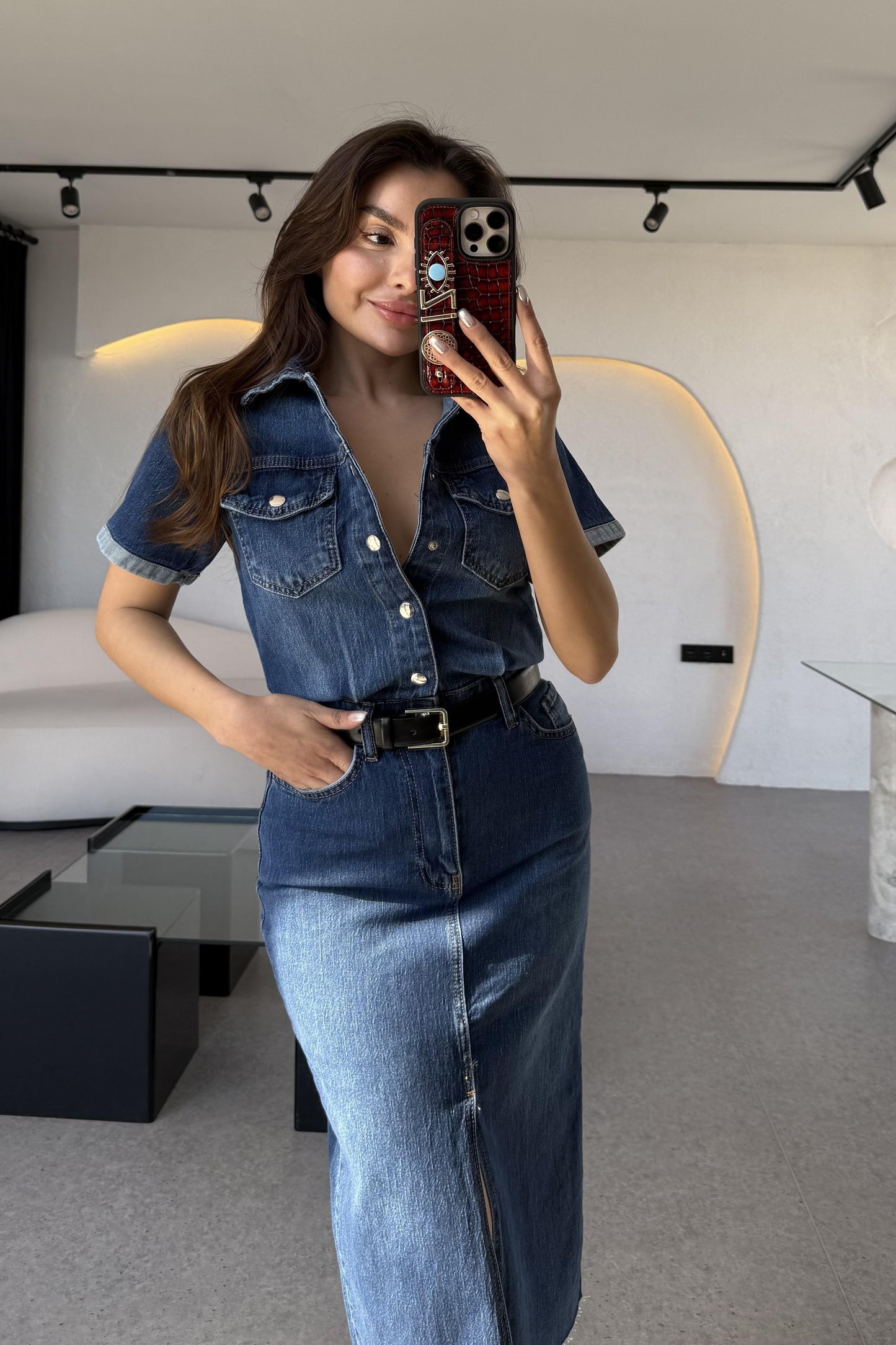 Novia Yarım Kollu Yırtmaçlı Denim Elbise