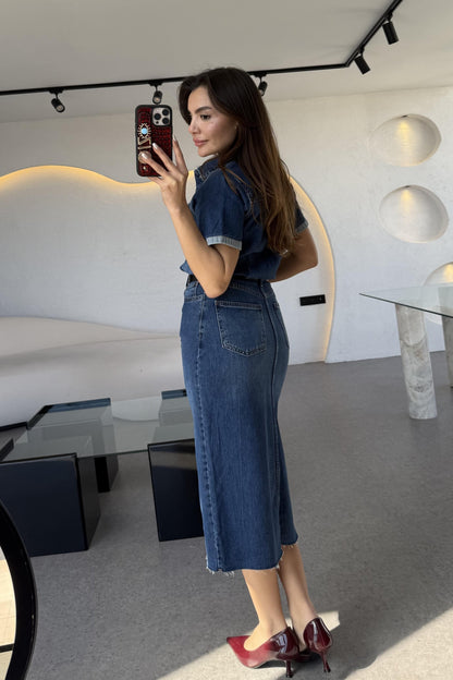 Novia Yarım Kollu Yırtmaçlı Denim Elbise