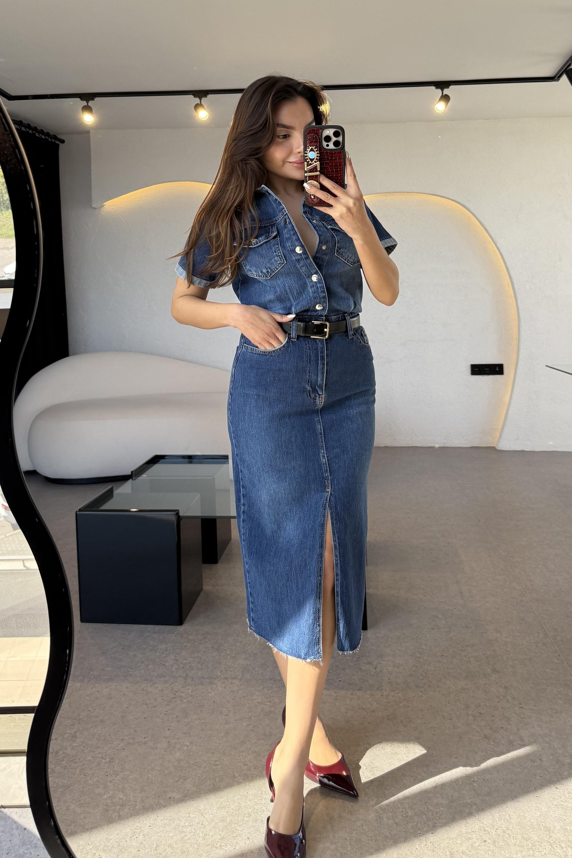 Novia Yarım Kollu Yırtmaçlı Denim Elbise
