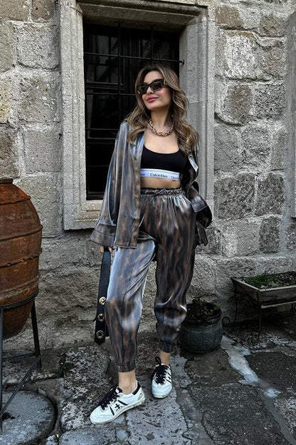 Noxi Kahve Geçişli Gömlek Pantolon Takım