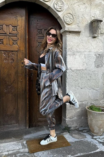 Noxi Kahve Geçişli Gömlek Pantolon Takım