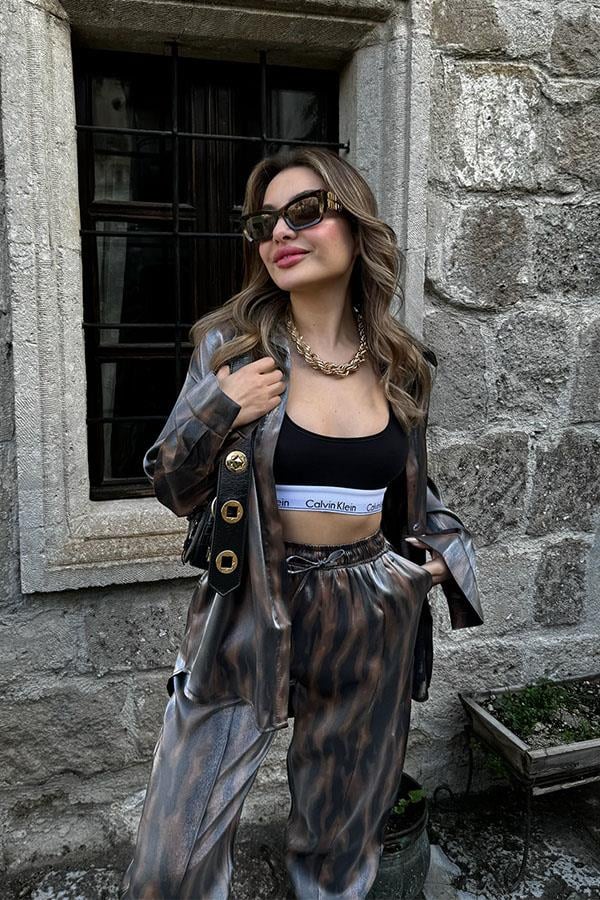 Noxi Kahve Geçişli Gömlek Pantolon Takım