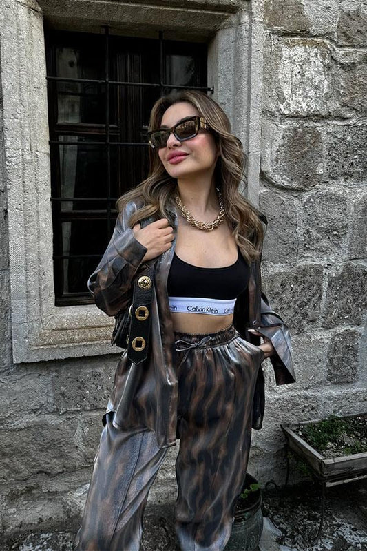 Noxi Kahve Geçişli Gömlek Pantolon Takım