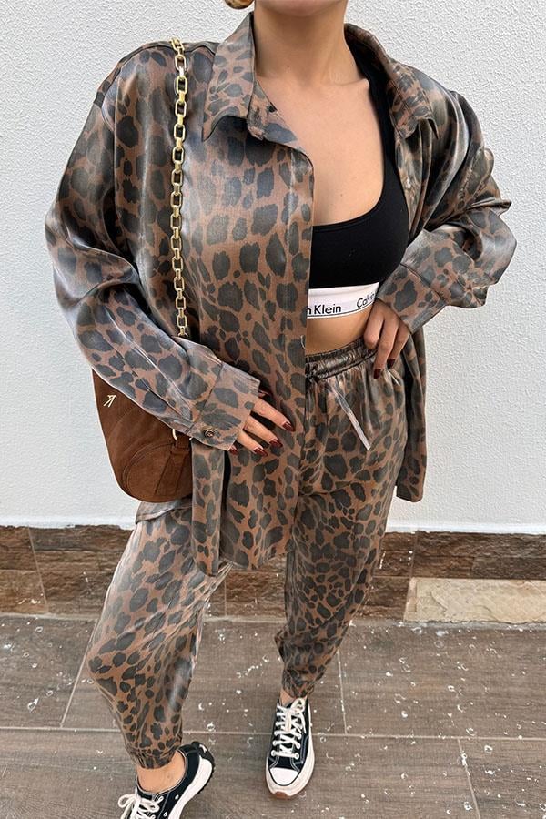 Noxi Leopar Desenli Gömlek Pantolon Takım