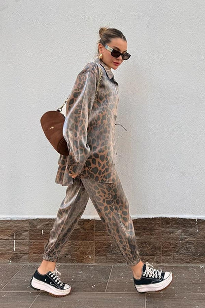 Noxi Leopar Desenli Gömlek Pantolon Takım