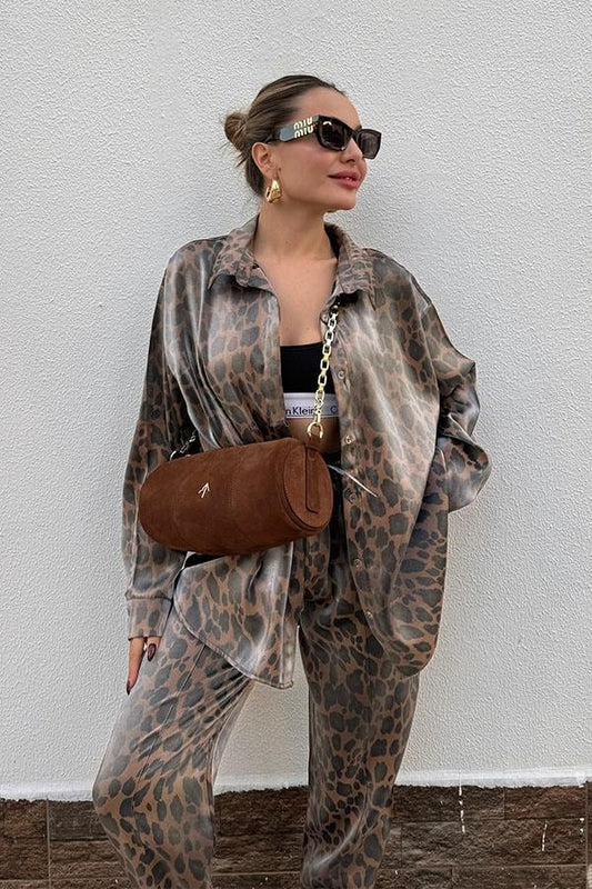 Noxi Leopar Desenli Gömlek Pantolon Takım