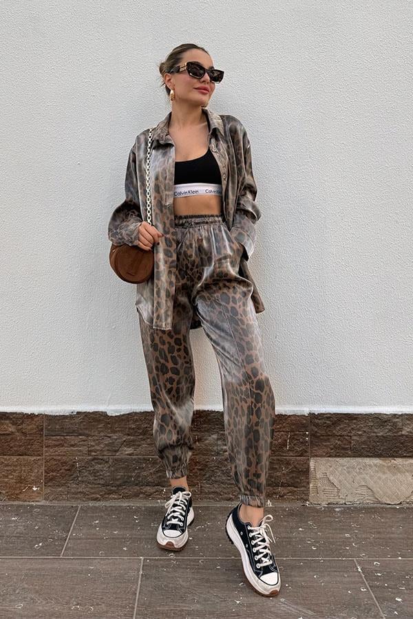 Noxi Leopar Desenli Gömlek Pantolon Takım