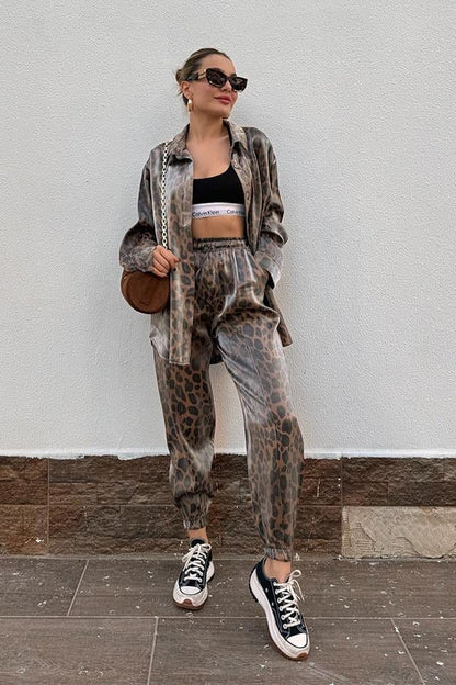 Noxi Leopar Desenli Gömlek Pantolon Takım