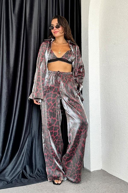 Nysia Parlak Saten Leopar 3 lü Takım-Bordo