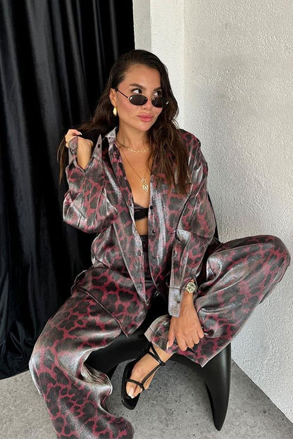 Nysia Parlak Saten Leopar 3 lü Takım-Bordo