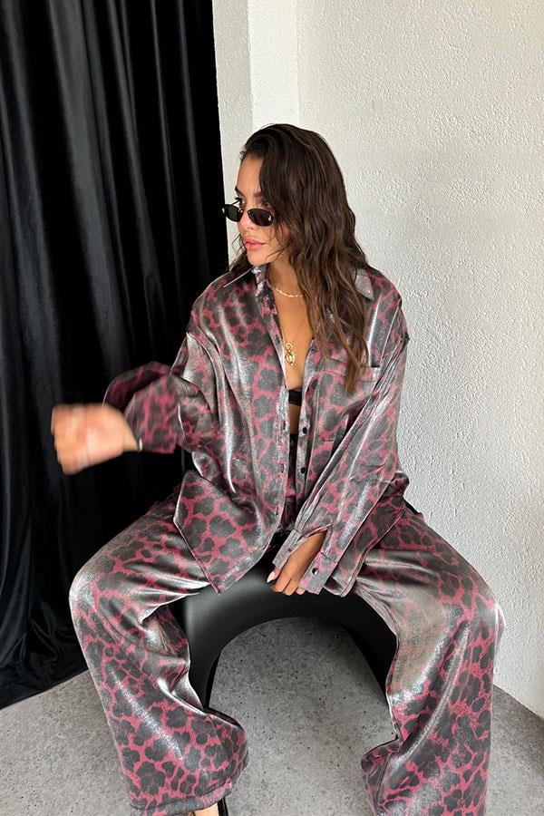 Nysia Parlak Saten Leopar 3 lü Takım-Bordo