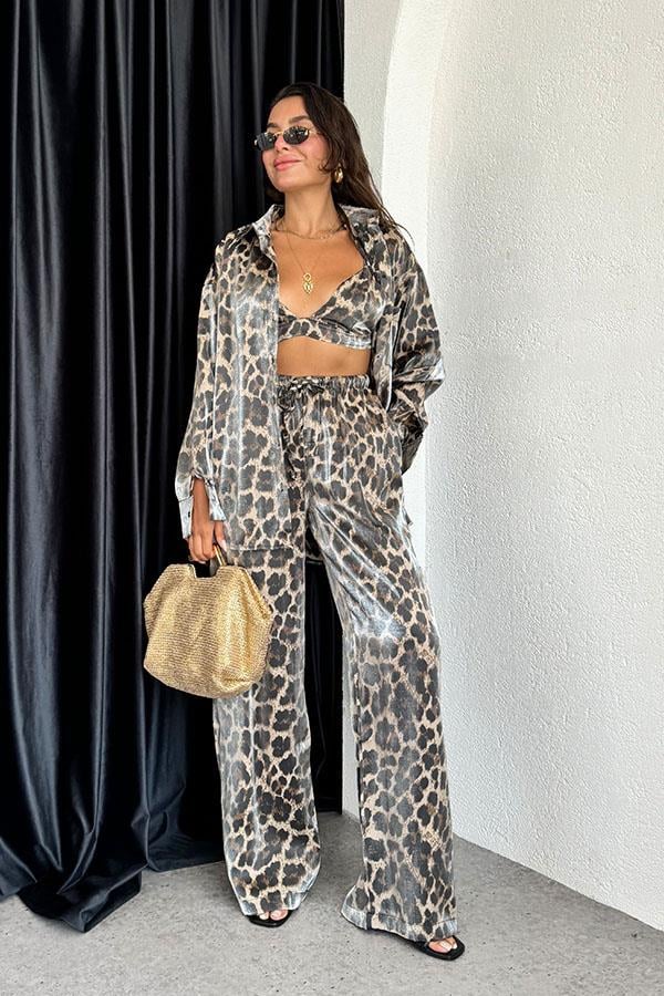 Nysia Parlak Saten Leopar 3 lü Takım-Kahve