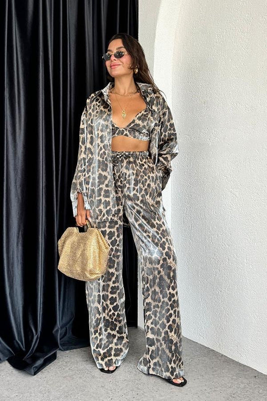 Nysia Parlak Saten Leopar 3 lü Takım-Kahve