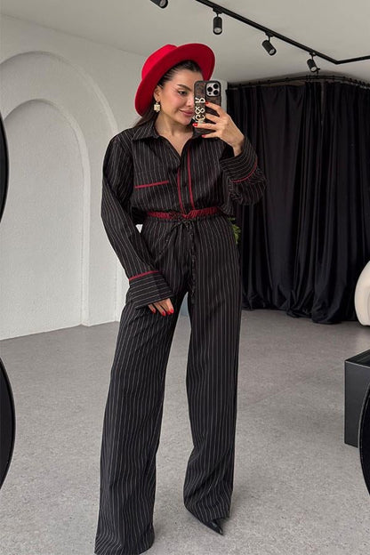 Ocie Çizgili Crop Gömlek Takım